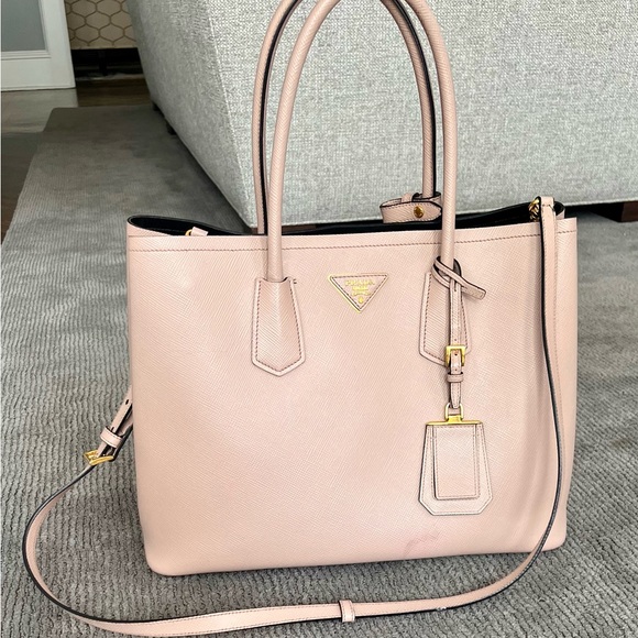 Authentic PRADA Saffiano Cuir Medium Double Bag in Cammeo. - Picture 1 of 12